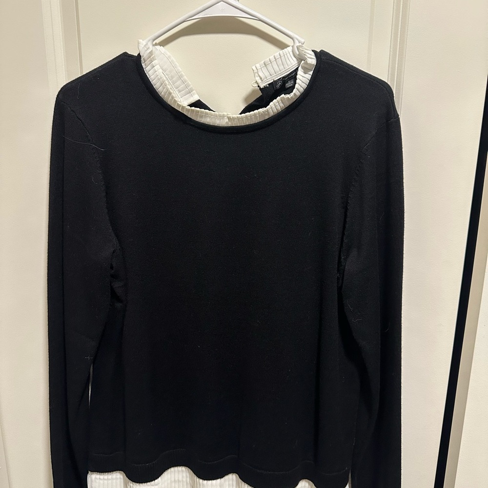 Adrianna Papell Women’s Black Layered-Look Long Sleeve Top with White Trim